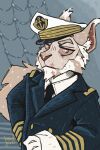  anthro capitan clothing ears_up eyebrows fur hair hat headgear headwear hi_res looking_at_viewer male mawkvlt net red_eyes sailor sailor_cap sailor_uniform scar smile smiling_at_viewer solo tail uniform wearing_hat white_body white_fur white_hair 