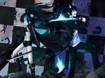  1girl ao_no_exorcist arm_at_side arm_cannon back-to-back bad_id bad_pixiv_id belt bikini_top black_bikini_top black_footwear black_gloves black_hair black_jacket black_pants black_rock_shooter black_rock_shooter_(character) black_shorts blazer blue_eyes blue_fire boots broken broken_chain burning_eye carrying_over_shoulder chain checkered checkered_background closed_mouth crack cross crossover debris dual_wielding fire flaming_sword from_side front-tie_top frown gloves holding holding_sword holding_weapon jacket knee_boots long_hair long_sleeves navel necktie noe_noel okumura_rin open_blazer open_clothes open_jacket open_mouth over_shoulder pants pointy_ears profile rubble scabbard scar school_uniform sheath shirt shoes shorts smile standing stitches striped striped_neckwear sword tail tail-tip_fire torn_clothes track_jacket trait_connection twintails unbuttoned unsheathed weapon weapon_over_shoulder white_shirt 