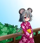  animal_ears blush bush commentary fence foliage grey_hair ichimi japanese_clothes kimono mouse_ears mouse_tail nazrin pink_kimono red_eyes short_hair solo tail touhou v_arms wavy_mouth yukata 