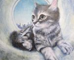  animal blue_eyes canvas_(medium) cat cat_focus city highres no_humans oil_painting_(medium) original realistic traditional_media tunnel yuuki_rio_(the_other_side_of_the_moon) 
