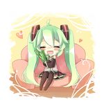  :3 ahoge blush brown_legwear chibi closed_eyes couch detached_sleeves green_hair hair_ribbon happy hatsune_miku heart highres long_hair necktie object_hug open_mouth ribbon shirt sitting skirt smile solo spring_onion thighhighs twintails upskirt vocaloid yuya_(night_lily) 