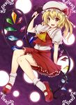  ascot blonde_hair blouse bobby_socks flandre_scarlet hat hinata_sora laevatein mary_janes open_mouth red_eyes shoes short_hair side_ponytail skirt smile socks solo touhou vest wings 