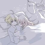  2boys alternate_hairstyle blonde_hair closed_mouth commentary_request cuddling fire_emblem fire_emblem_fates highres hug leo_(fire_emblem_fates) looking_at_viewer male_focus multiple_boys nknaxs on_bed red_eyes sleeping_together speech_bubble takumi_(fire_emblem) yaoi 