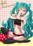  aqua_eyes aqua_hair cake choker finger_to_mouth food food_on_face garter_belt hatsune_miku kadomaki_shinnosuke lace lace-trimmed_thighhighs long_hair navel one_eye_closed open_mouth sitting solo thighhighs twintails very_long_hair vocaloid 