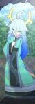  1girl absurdres ahoge aqua_kimono blue_hair commentary_request day dragon_girl dragon_horns dragon_print folded_fan folding_fan forest green_eyes hand_fan hh highres holding holding_fan horns japanese_clothes kimono long_hair looking_at_viewer nature open_mouth original outdoors print_kimono smile solo standing 
