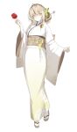  1girl absurdres astra_chichi blonde_hair butterfly_hair_ornament candy_apple chinese_hairpin commentary_request floral_print floral_print_kimono food full_body furry furry_female gradient_clothes gradient_kimono hair_bun hair_ornament hair_stick highres japanese_clothes kimono kiwi_(sani_yang's_laboratory) korean_commentary long_hair looking_at_viewer obi obidome print_kimono sandals sani_yang's_laboratory sash simple_background solo tabi white_background white_kimono wide_sleeves yellow_kimono zouri 