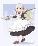  1girl apron apron_hold artist_logo black_dress boots brown_boots commentary_request dress fairy_wings frilled_apron frills green_wings hair_ornament highres holding holding_watering_can kitagawa_suigetsu leaf_hair_ornament logo long_hair long_sidelocks low_ponytail maid_apron maid_headdress necktie original pink_hair ponytail red_eyes red_necktie sidelocks socks solo walking watering_can white_apron white_socks wings 