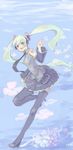  :d boots detached_sleeves flower hatsune_miku headphones high_heels long_hair masuchi necktie open_mouth pale_color pleated_skirt shoes skirt smile solo standing standing_on_one_leg thigh_boots thighhighs twintails vocaloid zettai_ryouiki 