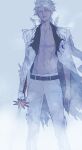  1boy abs belt black_belt bleach blue_eyes closed_mouth coat coat_on_shoulders commentary_request cryokinesis feet_out_of_frame highres hitsugaya_toushirou huangdanlan ice looking_at_viewer male_focus navel open_clothes open_coat pants pectorals solo standing toned toned_male white_coat white_pants 
