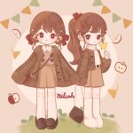  +_+ 2girls :o apple argyle_clothes argyle_sweater artist_name autumn autumn_leaves bag blunt_bangs blush_stickers boots brown_background brown_coat brown_hair brown_shoes brown_skirt brown_sweater closed_mouth coat commentary_request dot_nose food fruit full_body highres holding holding_bag holding_leaf knee_boots leaf loafers long_hair long_sleeves looking_at_viewer milcah multiple_girls open_clothes open_coat open_mouth original plaid_clothes plaid_coat pleated_skirt ponytail red_eyes shoes short_hair skirt sleeves_past_wrists smile standing streamers sweater swept_bangs thighhighs turtleneck turtleneck_sweater white_boots white_sweater white_thighhighs zettai_ryouiki 