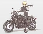  ahoge artoria_pendragon_(all) black_gloves blonde_hair fate/zero fate_(series) formal gloves green_eyes ground_vehicle motor_vehicle motorcycle necktie pant_suit saber sanshirou solo suit yamaha_v-max 