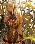  animal_print armlet bad_id bad_pixiv_id bare_shoulders blonde_hair breasts center_opening cleavage dark_skin days0047 earrings fangs fishnets fur gloves jewelry large_breasts leaf leopard_print leotard lips long_hair navel original plant red_eyes solo tiara torn_clothes tribal 