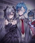  1boy 2girls absurdres bare_shoulders black_bow black_choker black_dress black_sleeves blue_eyes blue_hair blush bouquet bow cebo-kun_(kobo_kanaeru) choker collarbone colored_tips commentary cone_hair_bun detached_sleeves double_bun dress english_commentary eyepatch flower genderswap genderswap_(ftm) glaring grey_hair grey_jacket hair_bow hair_bun hand_on_another's_shoulder highres holding holding_bouquet hololive hololive_indonesia idfasler jacket kobo_kanaeru long_hair long_sleeves looking_at_another medical_eyepatch multicolored_hair multiple_girls necktie o-ring o-ring_choker off-shoulder_dress off_shoulder open_clothes open_jacket parted_lips red_flower red_necktie shirt short_hair suit_jacket upper_body vestia_zeta vestia_zeta_(5th_costume) virtual_youtuber white_flower white_shirt 