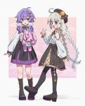  2girls :d :o ahoge argyle_clothes argyle_pantyhose argyle_socks bare_shoulders beret black_bow black_bowtie black_hat black_pantyhose black_shoes black_skirt black_socks blue_eyes blush border bow bowtie braid closed_mouth commentary_request corn_kuten dot_nose double-parted_bangs frilled_skirt frills full_body gradient_background grey_hair hair_between_eyes hair_intakes hand_up hat highres kizuna_akari kneehighs long_hair long_sleeves looking_at_viewer multiple_girls open_mouth outline outside_border pantyhose pink_background purple_eyes purple_hair shirt shoes short_hair_with_long_locks sidelocks skirt smile socks standing standing_on_one_leg striped_bow striped_bowtie striped_clothes twin_braids v vocaloid voiceroid watermark white_border white_outline white_shirt yuzuki_yukari 
