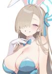  1girl absurdres animal_ears asuna_(blue_archive) asuna_(bunny)_(blue_archive) asymmetrical_bangs bare_shoulders blonde_hair blue_archive blue_bow blue_bowtie blue_eyes blue_halo blue_leotard blue_ribbon bow bowtie breasts chinese_commentary cleavage commentary_request detached_collar fake_animal_ears gloves grin hair_over_one_eye hair_ribbon halo hand_up highres large_breasts leotard long_hair looking_at_viewer mole mole_on_breast nyarnya official_alternate_costume playboy_bunny rabbit_ears ribbon simple_background smile strapless strapless_leotard traditional_bowtie upper_body white_background white_gloves 