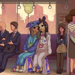  animal_ears animegao bag balloon blonde_hair bodysuit brown_hair city cosplay costume dachaku faceless faceless_female faceless_male kigurumi leaning long_hair makeup mask multiple_boys multiple_girls no_eyes open_mouth ribbon sitting smile surreal train train_interior 