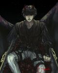  1boy absurdres black_hair black_robe black_wings demon_horns demon_king_of_salvation feathered_wings gwon highres horns kim_dokja leg_holster male_focus omniscient_reader's_viewpoint robe short_hair sitting solo wings 