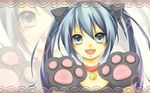  :d animal_ears aqua_eyes aqua_hair bell bell_collar cat_ears cat_paws collar fake_animal_ears fangs hatsune_miku heart kuroi_(liar-player) long_hair looking_at_viewer open_mouth paws smile solo upper_body vocaloid zoom_layer 