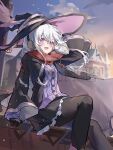  1girl arm_up black_gloves black_hat black_jacket black_pantyhose black_skirt commentary_request earmuffs elaina_(majo_no_tabitabi) gloves hair_between_eyes hat jacket long_hair majo_no_tabitabi midoo open_mouth pantyhose purple_eyes purple_sweater red_scarf sample_watermark scarf sitting skirt smile solo sweater watermark witch_hat 