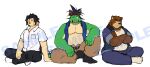  3boys absurdres animal_ears bear_boy bear_ears black_pants black_socks blue_jacket blue_pants blue_vest brown_pants closed_eyes closed_mouth commentary_request crossed_arms dog_boy dog_ears dragon_boy dragon_horns dragon_tail facing_viewer furry furry_male highres horns indian_style jacket juuichi_mikazuki kyouji_takahara looking_at_viewer male_focus morenatsu multiple_boys nejiri_hachimaki one_eye_closed pants ry_o_(zyuzinka) sample_watermark shirt signature sitting smile socks tabi tail tatsuki_midoriya vest watermark white_background white_shirt white_socks 
