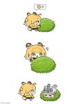  2girls absurdres animal_ear_fluff animal_ears blonde_hair bow bush chibi chibi_only closed_mouth colored_inner_hair commentary green_eyes grey_hat hat highres jacket ju_fufu large_hat leaf_in_mouth long_hair looking_at_another multicolored_hair multiple_girls norma_hollowell notice_lines open_mouth purple_hair sima_(startwitch) simple_background striped_fur striped_hair tail tail_bow tail_ornament tiger_ears tiger_girl tiger_stripes tiger_tail untranslatable_commentary white_background yellow_jacket zenless_zone_zero 