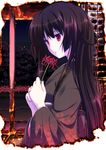  bangs black_hair burnt fire flower hair_between_eyes hime_cut holding japanese_clothes kimono leaf long_hair looking_away obi open_mouth original pale_skin profile red_eyes sash sidelocks solo spider_lily upper_body very_long_hair wide_sleeves yamabuki_zarame 