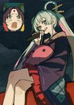  14mango 2girls animal_ears bare_shoulders cho_kaguya-hime! commentary_request dress fan_screaming_at_madison_beer_(meme) frilled_dress frills green_eyes hair_rings highres holding holding_microphone looking_at_viewer meme microphone multiple_girls runami_yachiyo sakayori_iroha sitting tearing_up twintails 