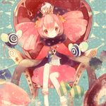  candy cape charlotte_(madoka_magica) clasp crown dotted_line drill_hair food mahou_shoujo_madoka_magica penpon personification pink_eyes pink_hair pyotr_(madoka_magica) sleeves_past_wrists sweets throne twin_drills twintails 