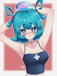  1girl absurdres armpits arms_behind_head blue_eyes brain breasts camisole cleavage closed_mouth cross-shaped_pupils exposed_brain facial_mark folded_twintails green_hair highres indie_virtual_youtuber looking_at_viewer medium_breasts shoomimi short_eyebrows short_hair smile solo symbol-shaped_pupils virtual_youtuber xarakura_xara 