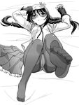  akemi_homura arms_up black_legwear blush braid crotch_seam feet foreshortening glasses greyscale lying magical_girl mahou_shoujo_madoka_magica monochrome on_back panties panties_under_pantyhose pantyhose pov_feet skirt skirt_removed solo spoilers twin_braids underwear urase_shioji 