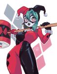  1girl akane_k0 akane_ko artist_logo artist_self-insert black_bodysuit black_hair black_lips blush bodysuit breasts clown cosplay covered_navel domino_mask eye_mask eyeshadow facepaint green_hair hammer harlequin harley_quinn harley_quinn_(cosplay) hat heart heart-shaped_pupils highres holding holding_hammer jester jester_cap jester_costume large_breasts lipstick logo long_hair makeup mask multicolored_bodysuit multicolored_hair multicolored_jumpsuit original red_bodysuit smile symbol-shaped_pupils symbol_in_eye two-tone_hair white_facepaint 