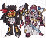  2boys chest_jewel chibi commentary_request faceplate gauntlets helmet highres mecha multiple_boys ntov198440 red_eyes robot science_fiction shield shoulder_cannon soundblaster sword transformers transformers:_cybertron transformers_unicron_trilogy vector_prime weapon wings 
