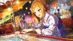  6+boys 6+girls blonde_hair card_commentary commentary_request fish floral_print floral_print_kimono flower game_asset goldfish goldfish_scooping hair_bun hair_flower hair_ornament idolmaster idolmaster_million_live! idolmaster_million_live!_theater_days japanese_clothes kimono light_bulb momose_rio multiple_boys multiple_girls night obi official_art open_mouth outdoors pink_eyes pink_flower poi_(goldfish_scoop) print_kimono purple_kimono purple_sash sash single_hair_bun smile solo_focus squatting summer_festival third-party_source 