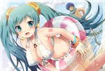  aqua_eyes aqua_hair bikini bracelet breasts cleavage dutch_angle floral_print front-tie_top hatsune_miku headset innertube jewelry kaito large_breasts long_hair miyano_ururu musical_note navel necklace open_mouth smile solo swimsuit twintails vocaloid water 
