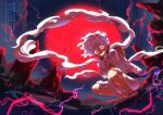  1boy cloud cloud_hair commentary_request gear_fifth hagoromo haki_(one_piece) hamhamugi_mugi hat hat_on_back jewelry lightning monkey_d._luffy moon necklace one_piece red_eyes red_moon sandals scar scar_on_chest scar_on_face shawl smile straw_hat white_hair 