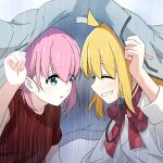  2girls ahoge blonde_hair blue_eyes bocchi_the_rock! bow bowtie closed_eyes commentary_request gotoh_hitori grey_jacket grin highres ijichi_nijika jacket jaqwatdas long_hair long_sleeves multiple_girls open_clothes open_jacket parted_lips pink_hair polka_dot polka_dot_bow polka_dot_bowtie rain red_bow red_bowtie red_shirt shared_clothes shared_jacket shirt short_sleeves side_ponytail smile teeth white_shirt yuri 