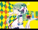  akanagi_youto argyle argyle_background cake detached_sleeves eating food frog_hair_ornament green_eyes green_hair hair_ornament hair_tubes kochiya_sanae solo touhou 