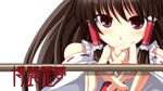  bangs bare_shoulders blush brown_hair closed_mouth commentary_request detached_sleeves gohei hair_between_eyes hair_tubes hakurei_reimu highres kinagi_yuu long_hair looking_at_viewer outstretched_arms smile solo touhou translated 