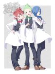  3boys apron black_pants black_vest blue_eyes blue_hair bow bowtie chili_(pokemon) cilan_(pokemon) closed_mouth cress_(pokemon) green_bow green_bowtie green_eyes green_hair grin highres long_sleeves male_focus multiple_boys open_mouth pants pokemon pokemon_black_and_white red_eyes red_hair serizawa_serizane shirt shoes short_hair siblings smile teeth traditional_bowtie vest waiter white_apron white_shirt 