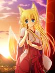  animal_ears blonde_hair blue_eyes blush borrowed_character fox_ears fox_tail highres japanese_clothes konoha_(nozomi_tsubame) lens_flare long_hair looking_at_viewer miko original sky solo sun sunset syroh tail 
