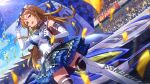  1girl 6+boys adjusting_eyewear belt black_skirt blonde_hair blue_eyes blue_skirt blurry blurry_foreground breasts car card_commentary checkered_clothes checkered_skirt commentary_request confetti covered_navel dutch_angle elbow_gloves eyewear_on_head frilled_skirt frills game_asset gloves holding holding_microphone holding_umbrella idolmaster idolmaster_million_live! idolmaster_million_live!_theater_days large_breasts long_hair looking_at_viewer microphone motor_vehicle multiple_boys official_alternate_costume official_art race_queen race_vehicle racecar shinomiya_karen skirt sleeveless solo_focus standing sunglasses thighhighs third-party_source umbrella white_belt white_gloves white_thighhighs 