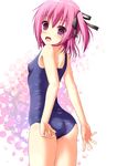  absurdres adjusting_clothes adjusting_swimsuit ass bad_id bad_pixiv_id flat_chest highres looking_back minato_tomoka nyarumi one-piece_swimsuit one_side_up pink_eyes pink_hair ribbon rou-kyuu-bu! school_swimsuit short_hair solo swimsuit 
