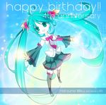  aqua_hair bad_id bad_pixiv_id bow bowtie detached_sleeves flower green_eyes hair_flower hair_ornament happy_birthday hatsune_miku highres long_hair open_mouth outstretched_arms saitou_aki skirt solo spread_arms thighhighs twintails very_long_hair vocaloid 