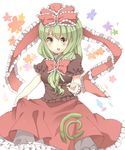  arm_ribbon bad_id bad_pixiv_id blush bow dress frills front_ponytail green_eyes green_hair hair_bow hair_ornament hair_ribbon hyouka_(rat_hut) kagiyama_hina long_hair open_mouth red_dress ribbon skirt_hold solo touhou 