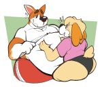 2020 animal_crossing anthro belly big_belly black_clothing black_underwear boot_(artist) bottomwear butt canid canine canis clothing copper_(animal_crossing) domestic_dog duo female floppy_ears fur hand_on_belly huge_belly isabelle_(animal_crossing) larger_male male male/female mammal nintendo obese obese_anthro obese_male orange_body orange_fur overweight overweight_anthro overweight_male pink_clothing pink_shirt pink_topwear pointy_ears red_bottomwear red_clothing red_shorts shirt shorts size_difference smile snout topwear underwear white_body white_clothing white_fur white_shirt white_topwear wide_waist yellow_body yellow_fur