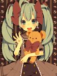  ahoge blush bow dress frills green_eyes green_hair hair_bow hatsune_miku holding long_hair open_mouth solo stuffed_animal stuffed_toy teddy_bear twintails vocaloid yugake_(mrnmrm) 