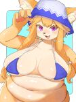 2024 4_fingers alternate_version_at_paywall anthro areola areola_slip belly belly_rolls big_breasts bikini blonde_eyelashes blonde_hair blue_background blue_bikini blue_clothing blue_swimwear blush breasts bucket_hat canid canine clothing digital_media_(artwork) eyelashes female fingers fox front_view fur hair half-length_portrait hat havilaladlf headgear headwear hi_res holding_clothing holding_hat holding_headgear holding_headwear holding_object kemono long_hair looking_at_viewer mammal navel one_fang open_mouth open_smile overweight overweight_anthro overweight_female pawpads portrait purple_eyes simple_background smile solo swimwear tan_body tan_fur triangle_bikini two-piece_swimsuit yellow_body yellow_fur