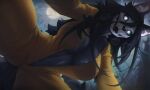 2026 anthro big_breasts black_body black_fur black_hair blue_eyes bone breasts clothing fangs female full_moon fur glistening hair hi_res inner_boob inner_ear_fluff jumpsuit looking_at_viewer looking_down looking_down_at_viewer low-angle_view malo moon night scp-1471-a scp_foundation skull skull_head solo teeth thick_thighs tuft worm's-eye_view wwufufu