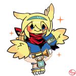 1:1 2026 3_fingers 3_toes accessory ambiguous_anthro ambiguous_gender anthro avian beak blonde_hair blue_clothing blue_eyes blue_jacket blue_topwear blush brass_instrument bugle clothing dbds20180224 duel_monster english_description eyebrow_through_hair eyebrows eyelashes feathers feet filo_messenger_fur_hire fingers fluffy_ears front_view fur_hire green_accessory green_hair_accessory green_hairband hair hair_accessory hairband hand_on_cheek holding_object jacket japanese_description konami musical_instrument open_beak open_mouth portrait signature simple_background solo sparkles toes topwear translucent translucent_hair white_background wind_instrument wings yellow_body yellow_feathers yu-gi-oh!