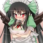  apron bad_id bad_pixiv_id black_hair black_wings blush breasts cleavage crossed_arms dress givuchoko green_dress hair_ribbon large_breasts long_hair maid maid_headdress open_mouth red_eyes reiuji_utsuho ribbon solo tears third_eye touhou twintails wings 